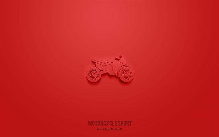 icona dello sport motociclistico 3d, sfondo rosso, simboli 3d, sport motociclistico, icone dello sport, icone 3d, segno dello sport motociclistico, icone dello sport 3d