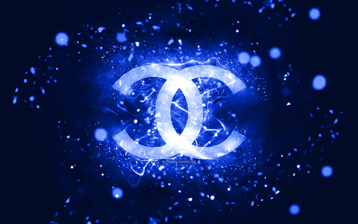 logotipo azul oscuro de chanel, 4k, luces de ne&#243;n azul oscuro, creativo, fondo abstracto azul oscuro, logotipo de chanel, marcas de moda, chanel