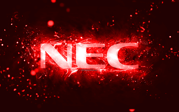 NEC red logo, 4k, red neon lights, creative, red abstract background, NEC logo, brands, NEC