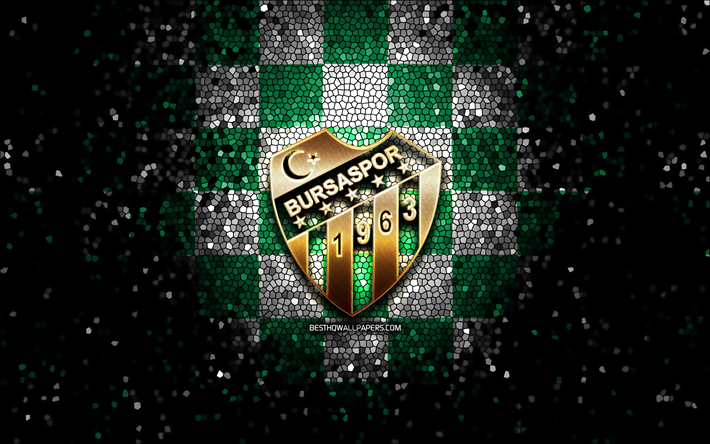 Bursaspor Basketbol, glitter logo, Basketbol Super Ligi, green white checkered background, basketball, turkish basketball team, Bursaspor Basketbol logo, mosaic art, Turkey, Frutti Extra Bursaspor