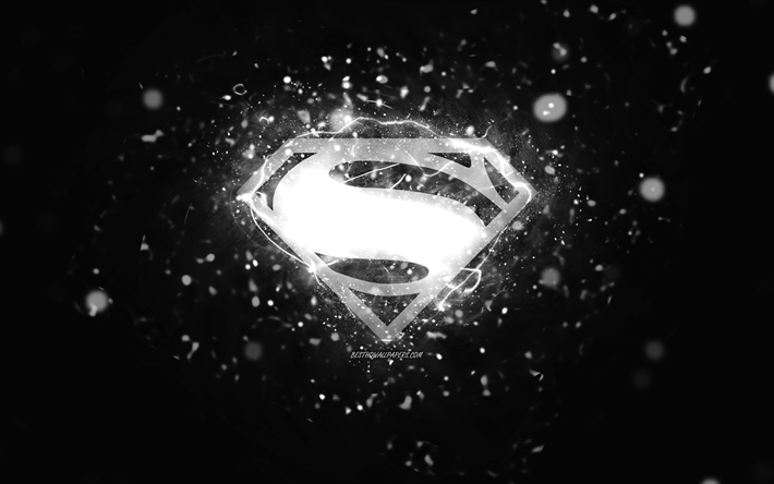 スーパーマンの白いロゴ, 4k, 白いネオンライト, クリエイティブ, 黒の抽象的な背景, スーパーマンのロゴ, スーパーヒーロー, スーパーマン