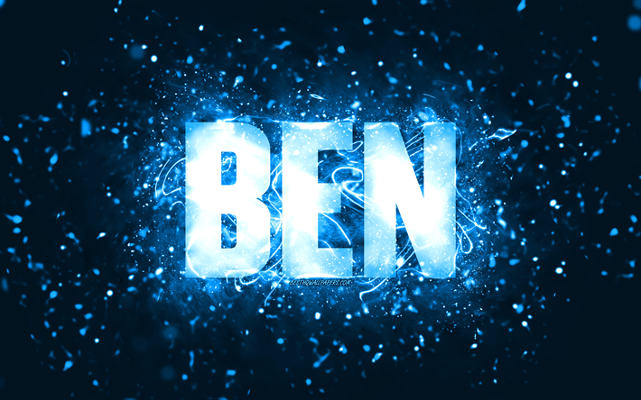お誕生日おめでとうベン, 4k, 青いネオンライト, ベン名, クリエイティブ, ベンお誕生日おめでとう, ベンの誕生日, 人気のあるアメリカ人男性の名前, ベンの名前の写真, ベン