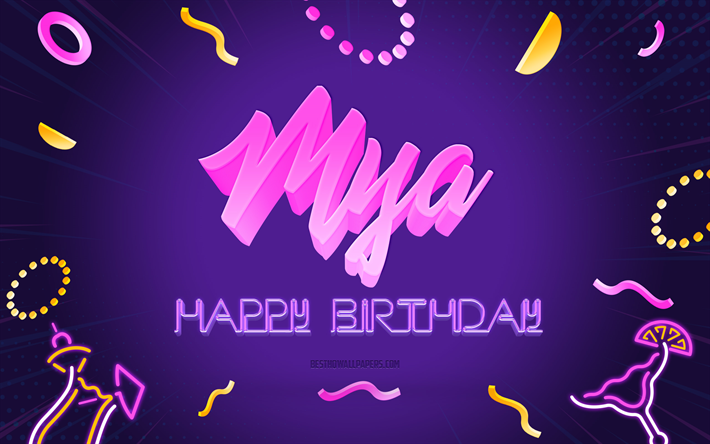 buon compleanno mya, 4k, sfondo festa viola, mya, arte creativa, nome mya, compleanno mya, sfondo festa di compleanno