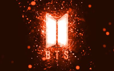 BTS orange logo, 4k, orange neon lights, creative, orange abstract background, Bangtan Boys, BTS logo, music stars, BTS, Bangtan Boys logo