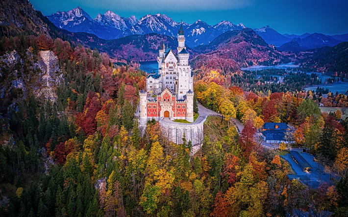 castelo de neuschwanstein, alpes da baviera, schwangau, paisagem de montanha, outono, alpes, baviera, alemanha