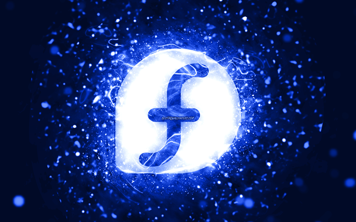 fedora logotipo azul escuro, 4k, azul escuro luzes de neon, criativo, azul escuro abstrato de fundo, fedora logo, linux, fedora