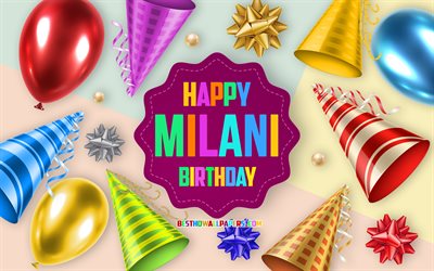 Happy Birthday Milani, 4k, Birthday Balloon Background, Milani, creative art, Happy Milani birthday, silk bows, Milani Birthday, Birthday Party Background
