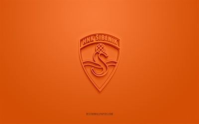 HNK Sibenik, creative 3D logo, orange background, Prva HNL, 3d emblem, Croatian football club, Croatian First Football League, Sibenik, Croatia, 3d art, football, HNK Sibenik 3d logo