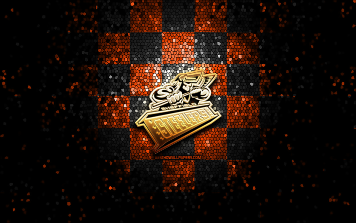 sheffield steelers, logotipo brillante, elite league, fondo a cuadros negro naranja, hockey, equipo de hockey ingl&#233;s, logotipo de sheffield steelers, arte mosaico
