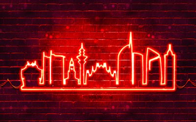 Milan red neon silhouette, 4k, red neon lights, Milan skyline silhouette, red brickwall, italian cities, neon skyline silhouettes, Italy, Milan silhouette, Milan