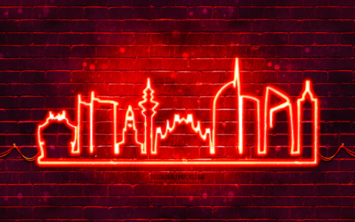 silhouette de n&#233;on rouge de milan, 4k, n&#233;ons rouges, silhouette d horizon de milan, mur de brique rouge, villes italiennes, silhouettes d horizon de n&#233;on, italie, silhouette de milan, milan