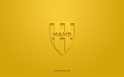 NA Hussein Dey, creative 3D logo, yellow background, Algerian football club, Ligue Professionnelle 1, Hussein Dey, Algeria, 3d art, football, NA Hussein Dey 3d logo