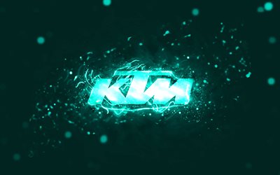 KTM turquoise logo, 4k, turquoise neon lights, creative, turquoise abstract background, KTM logo, brands, KTM