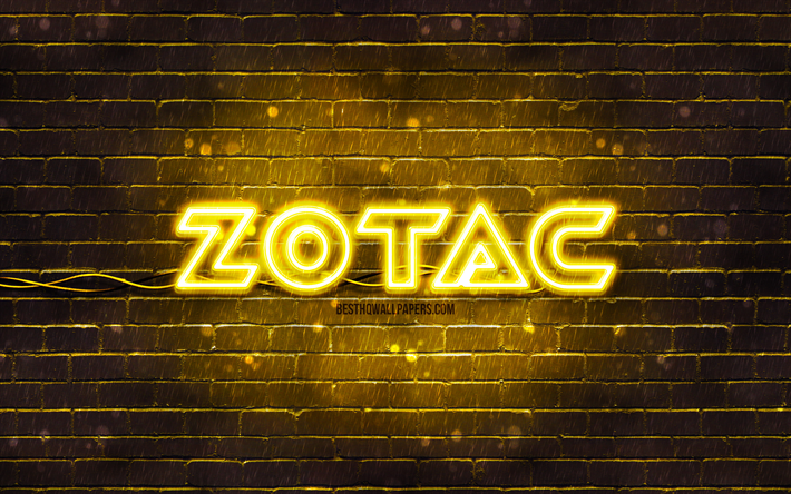 Zotac yellow logo, 4k, yellow brickwall, Zotac logo, brands, Zotac neon logo, Zotac