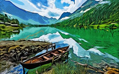fjord, norway, 4k, vector art, fjord drawing, creative art, fjord art, vector drawing, abstract nature, nature drawings