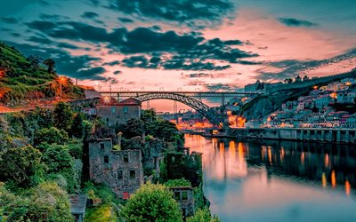 Porto, sunset, HDR, bridge, cityscapes, Portugal, Europe, portuguese cities