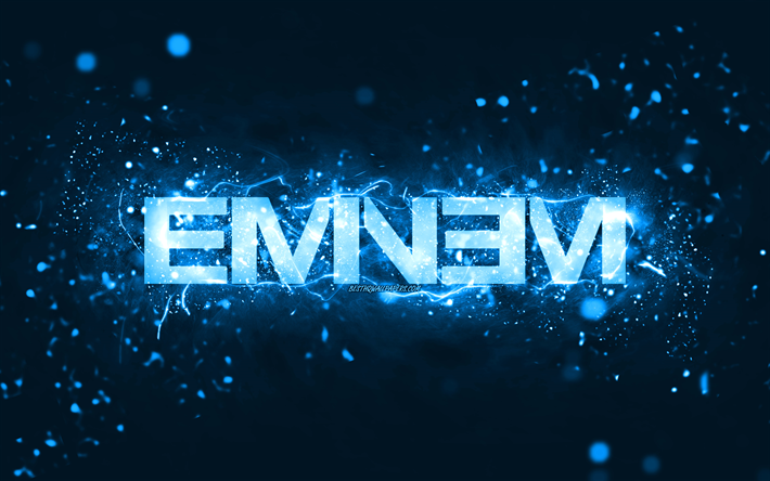 Eminem blue logo, 4k, american rapper, blue neon lights, creative, blue abstract background, Marshall Bruce Mathers III, Eminem logo, music stars, Eminem