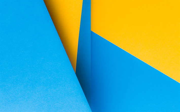 4k, blue and yellow, geometric shapes, material design, colorful backgrounds, colorful lines, geometric art, creative, background with lines