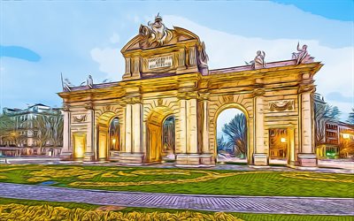 puerta de alcala, plaza de la independencia, madrid, spanien, 4k, vektorkonst, madrid-teckning, kreativ konst, madrid-konst, vektorteckning, madrid-landm&#228;rke