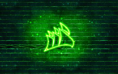 logotipo verde de corsair, 4k, pared de ladrillo verde, logotipo de corsair, marcas, logotipo de ne&#243;n de corsair, corsair