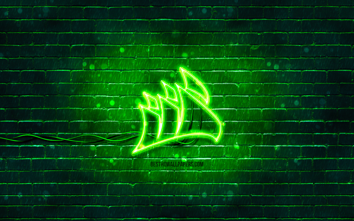 Corsair green logo, 4k, green brickwall, Corsair logo, brands, Corsair neon logo, Corsair