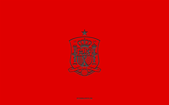Spain national football team, red background, football team, emblem, UEFA, Spain, football, Spain national football team logo, Europe