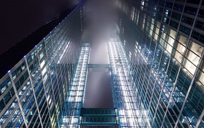 Frankfurt, vidrieras, rascacielos, niebla, Alemania