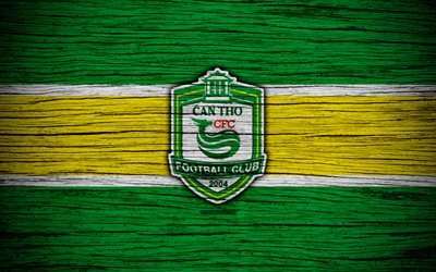 Can Tho FC, 4k, logo, V League 1, soccer, Vietnam, football club, Asia, Can Tho, wooden texture, FC Can Tho