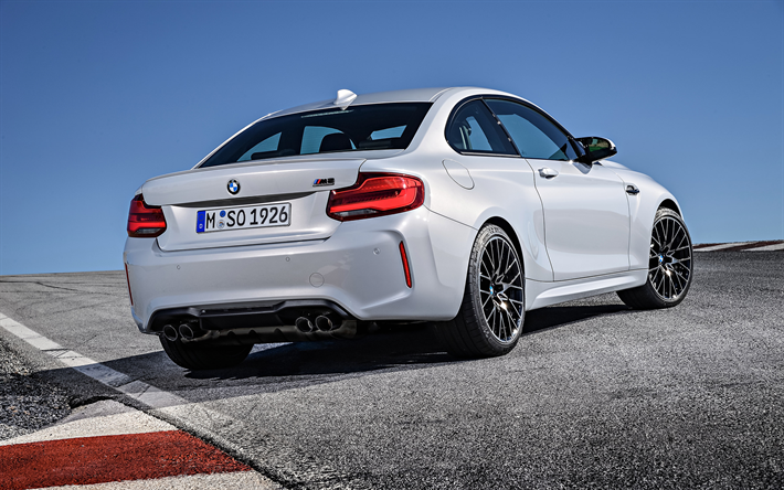 BMW M2 Kilpailu, 2019, 405HP, urheilu coupe, takaa katsottuna, ulkoa, uusi valkoinen M2, Saksan autoja, tuning M2, kilparadalla, BMW