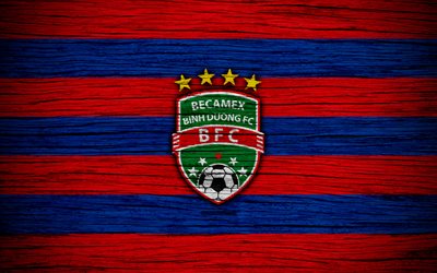 Binh Duong FC, 4k, logotipo, V de la Liga 1 de f&#250;tbol, Vietnam, el club de f&#250;tbol, de Asia, de Binh Duong, de madera de la textura, el FC Binh Duong