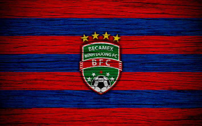 Binh Duong FC, 4k, logo, V League 1, futebol, Vietname, clube de futebol, &#193;sia, Binh Duong, textura de madeira, FC Binh Duong