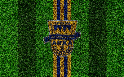 Arka Gdynia FC, 4k, logo, football lawn, Polish football club, green grass texture, yellow blue lines, Ekstraklasa, Gdynia, Poland, football, art