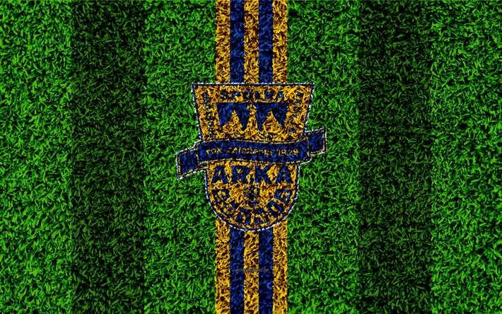 Arka Gdynia FC, 4k, logo, football lawn, Polish football club, green grass texture, yellow blue lines, Ekstraklasa, Gdynia, Poland, football, art