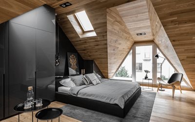 interior bedroom, laminate on the walls, attic bedroom, stylish interior, laminate on the ceiling, wooden walls, stylish interior design