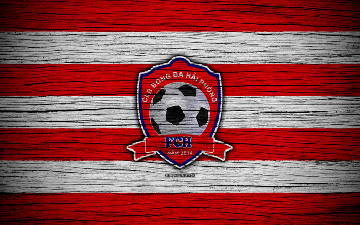 Hai Phong FC, 4k, logo, V League 1, futebol, Vietname, clube de futebol, &#193;sia, Hai Phong, textura de madeira, FC Hai Phong