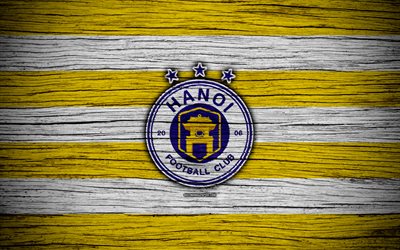 Ha Noi FC, 4k, logo, V League 1, soccer, Vietnam, football club, Asia, Ha Noi, wooden texture, FC Ha Noi