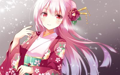 female anime characters, pink hair, Japanese manga, Yukata, Kimono, traditional Japanese clothes