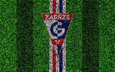 Gornik Zabrze, 4k, logo, calcio prato, Polish football club, green grass texture, blue white lines, Ekstraklasa, Zabrze, Poland, calcio, tipo, Gornik Z FC