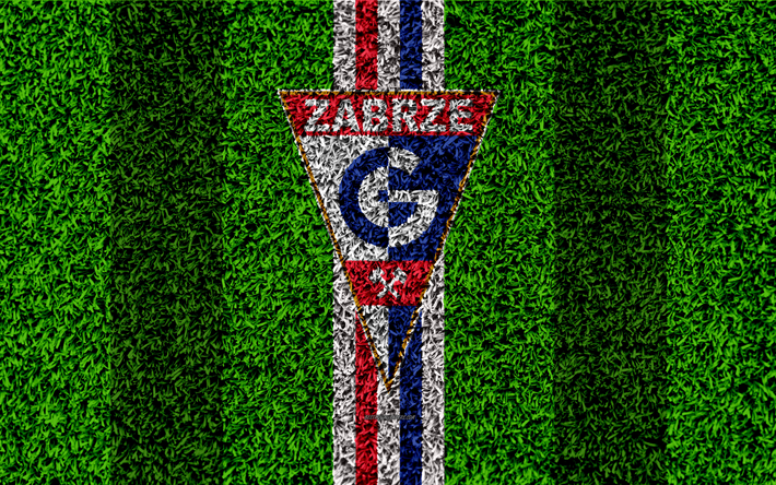 Gornik Zabrze, 4k, logo, jalkapallo nurmikko, Puolan football club, vihre&#228; ruoho rakenne, blue white lines, Ekstraklasa, Zabrze, Puola, jalkapallo, art, Gornik FC