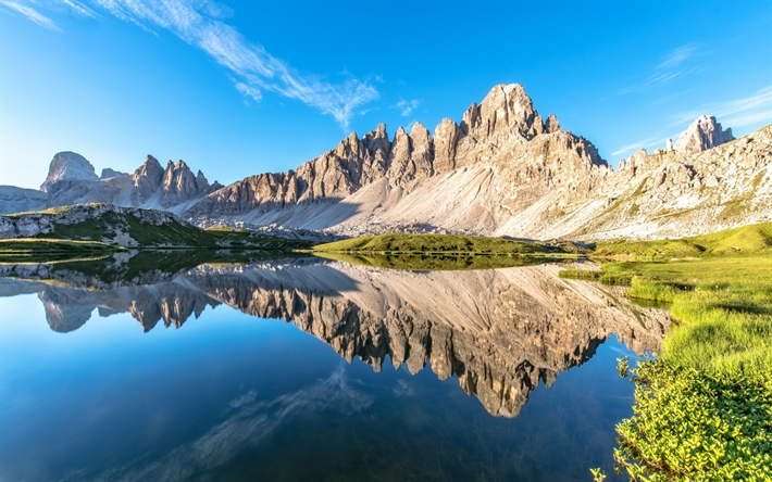 montagne, lac, matin, Dolomites, en &#233;t&#233;, en Italie, paysage, ciel bleu