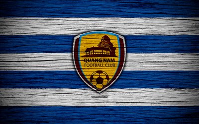 Quang Nam FC, 4k, logo, V League 1, soccer, Vietnam, football club, Asia, Quang Nam, wooden texture, FC Quang Nam