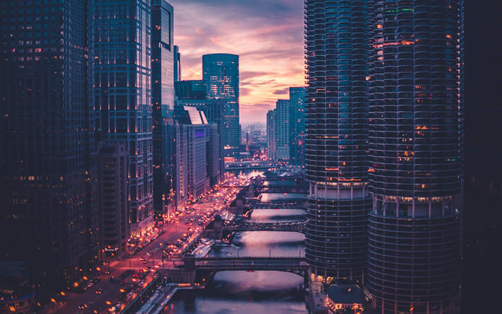 4k, Chicago, sunset, kv&#228;llen city, broar, USA, skyskrapor, Illinois, Amerika