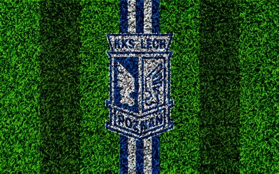 Lech Poznan FC, 4k, logotipo, f&#250;tbol de c&#233;sped, polaco club de f&#250;tbol de hierba verde textura, azul, blanco, l&#237;neas, Ekstraklasa, Poznan, Polonia, f&#250;tbol, arte