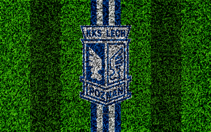 Lech Poznan FC, 4k, logo, football lawn, Polish football club, green grass texture, blue white lines, Ekstraklasa, Poznan, Poland, football, art