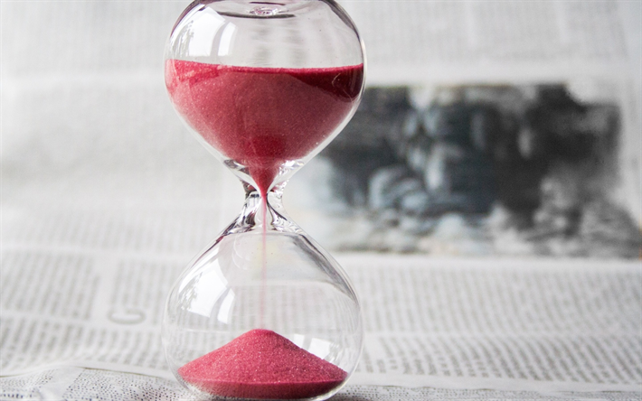 hourglass, red sand, time concepts, clock, newspaper