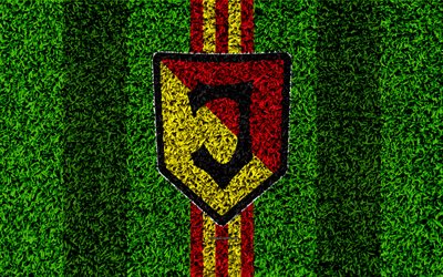 Jagiellonia FC, 4k, logo, football lawn, Polish football club, green grass texture, red black lines, Ekstraklasa, Bialystok, Poland, football, art
