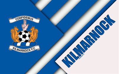 Kilmarnock FC, 4k, dise&#241;o de materiales, club de f&#250;tbol Escoc&#233;s, logotipo, azul, blanco abstracci&#243;n, la Scottish Premiership, Kilmarnock, Escocia, el f&#250;tbol