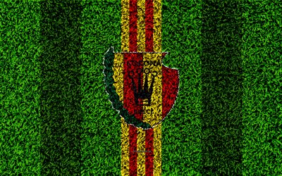 Korona Kielce, 4k, logo, football lawn, Polish football club, green grass texture, red yellow lines, Ekstraklasa, Kielce, Poland, football, art