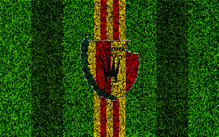 Korona Kielce, 4k, logo, football pelouse, polonaises, club de football, l&#39;herbe verte de la texture, rouge, jaune lignes, Ekstraklasa &#224; Kielce, en Pologne, de football, de l&#39;art