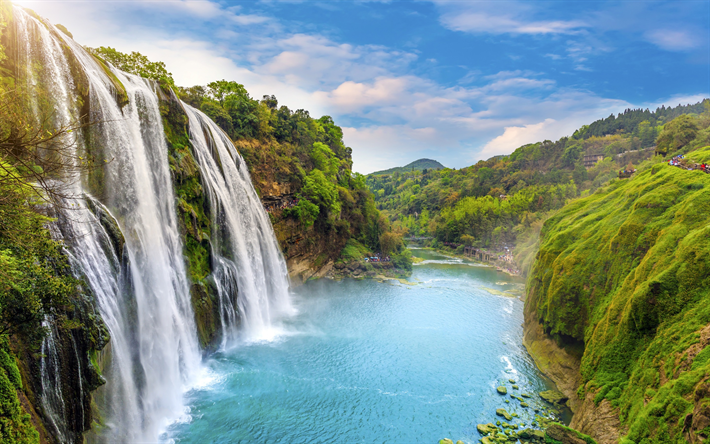 berg vattenfall, regnskogen, mountain blue river, djungel, Kina, sommar